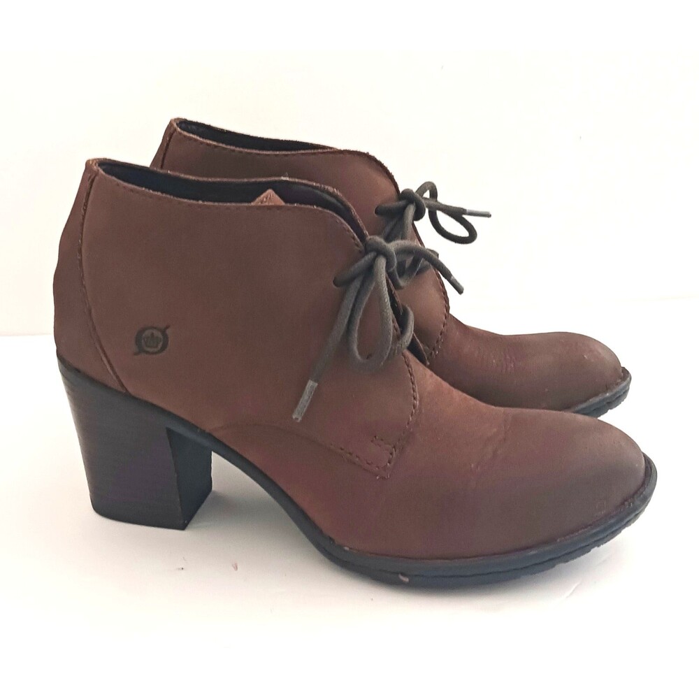 BORN Fina Brown Nubuck Leather Ankle Boot Single Lace Wood Block Heel 7.5